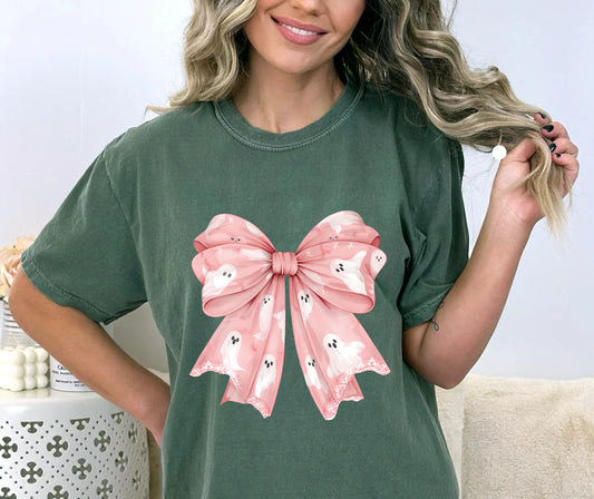 Pink Ghost Bow Comfort Colors Tee