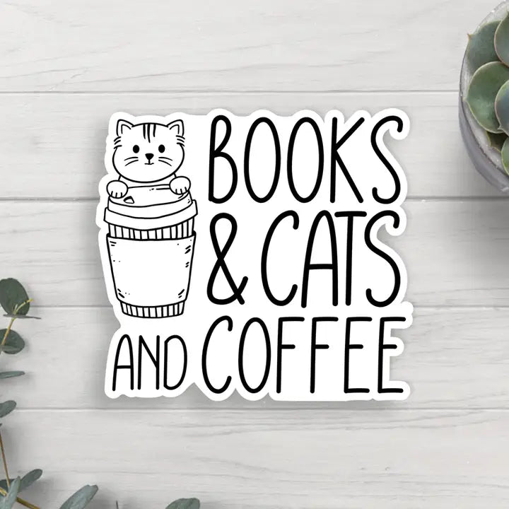 Books Cats Coffee Vinyl Sticker