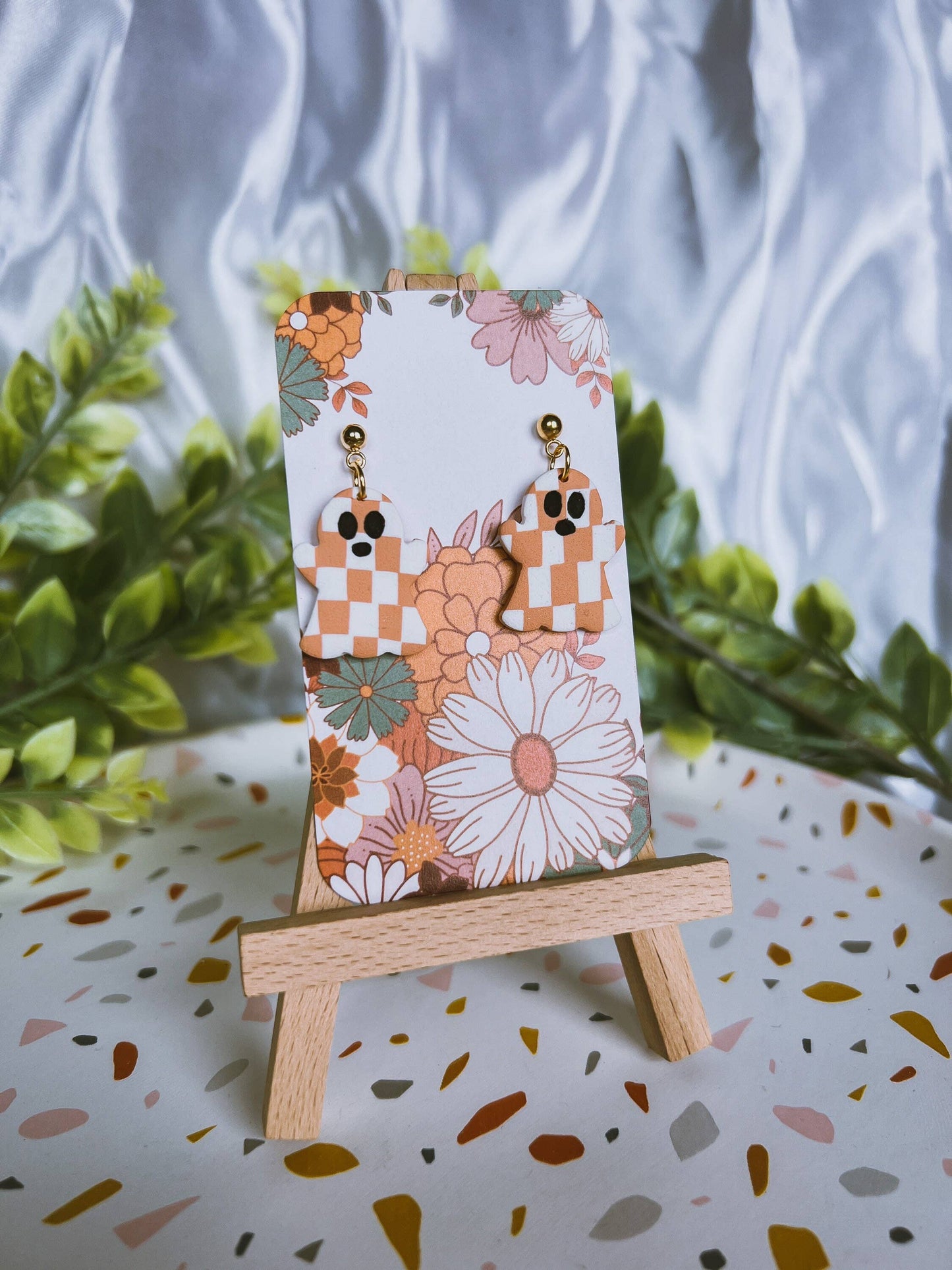 Orange And White Checker Spooky Ghost Earrings