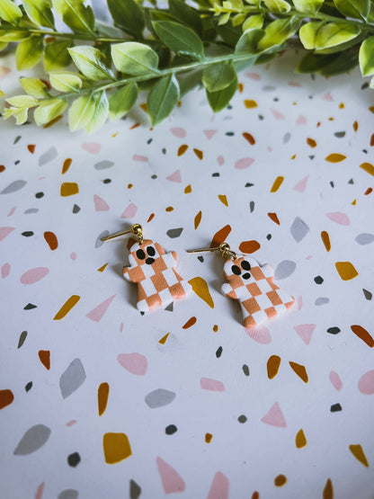 Orange And White Checker Spooky Ghost Earrings